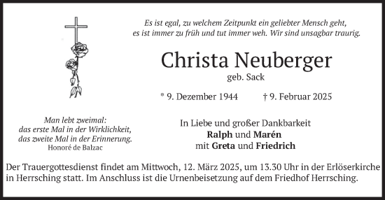 Traueranzeige von Christa Neuberger von merkurtz