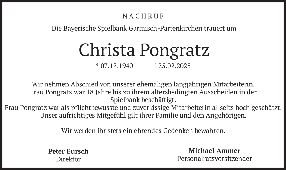  Traueranzeige für Christa Pongratz vom 22.03.2025 aus merkurtz