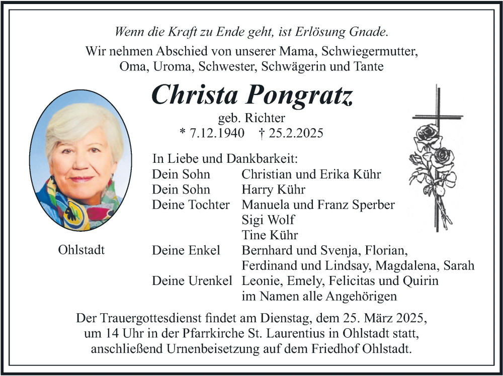  Traueranzeige für Christa Pongratz vom 22.03.2025 aus merkurtz