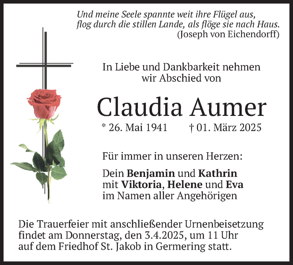  Traueranzeige für Claudia Aumer vom 22.03.2025 aus merkurtz