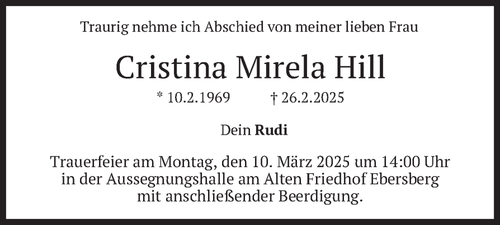 Traueranzeige für Cristina Mirela Hill vom 05.03.2025 aus merkurtz