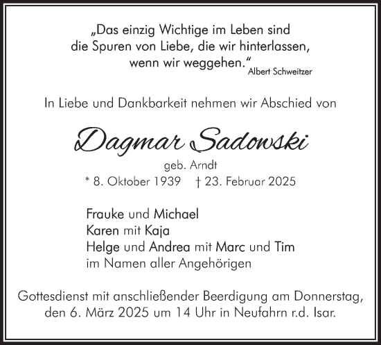 Traueranzeige von Dagmar Sadowski von merkurtz