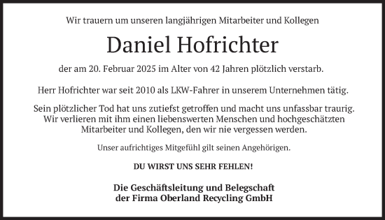 Traueranzeige von Daniel Hofrichter von merkurtz