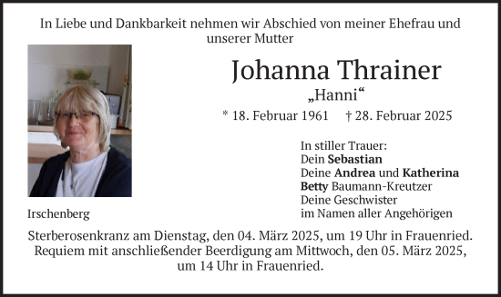 Traueranzeige von Johanna Thrainer von merkurtz