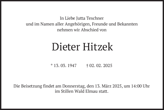 Traueranzeige von Dieter Hitzek von merkurtz