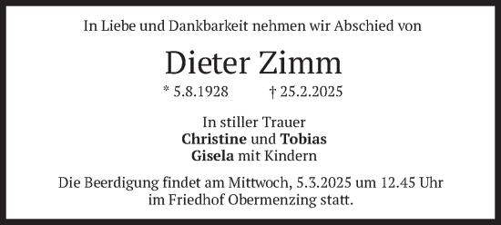 Traueranzeige von Dieter Zimm von merkurtz