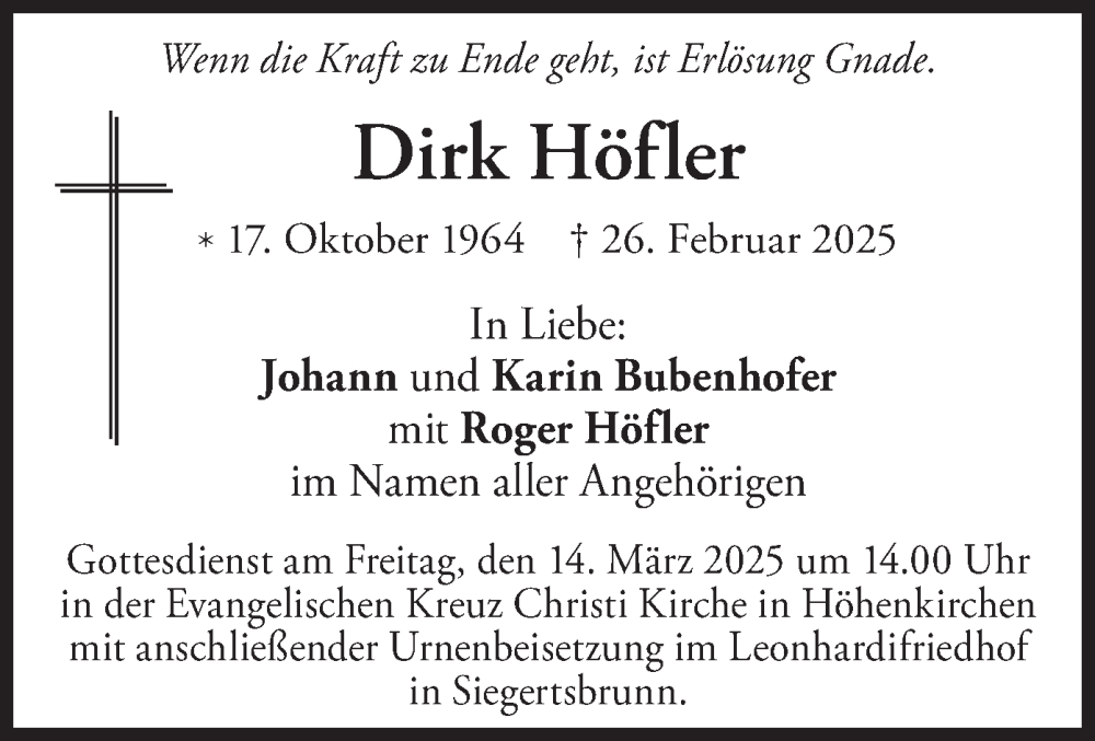 Traueranzeige für Dirk Höfler vom 08.03.2025 aus merkurtz