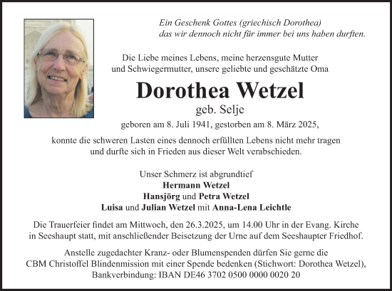 Traueranzeige von Dorothea Wetzel von merkurtz