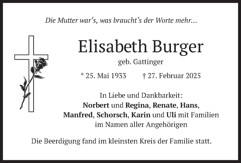  Traueranzeige für Elisabeth Burger vom 08.03.2025 aus merkurtz