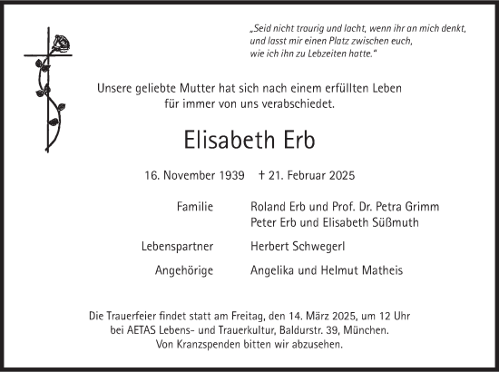 Traueranzeige von Elisabeth Erb von merkurtz