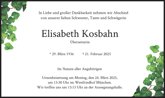 Traueranzeige von Elisabeth Kosbahn von merkurtz