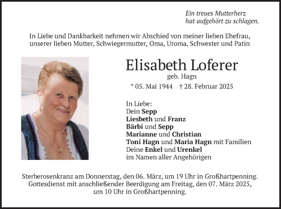 Traueranzeige von Elisabeth Loferer von merkurtz