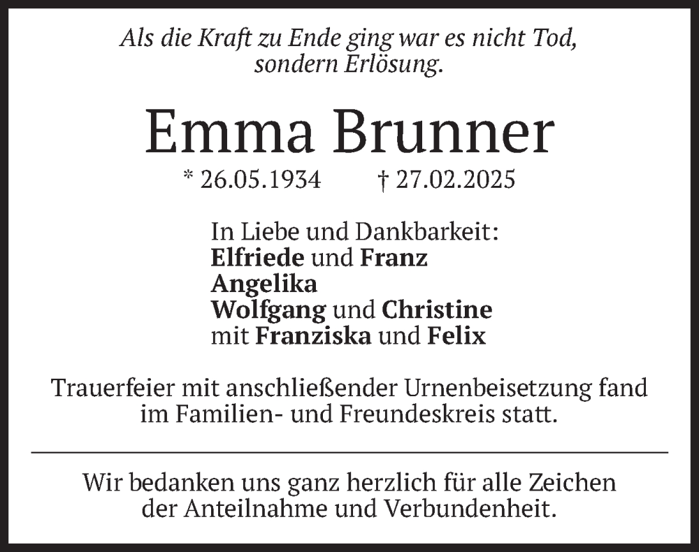  Traueranzeige für Emma Brunner vom 22.03.2025 aus merkurtz