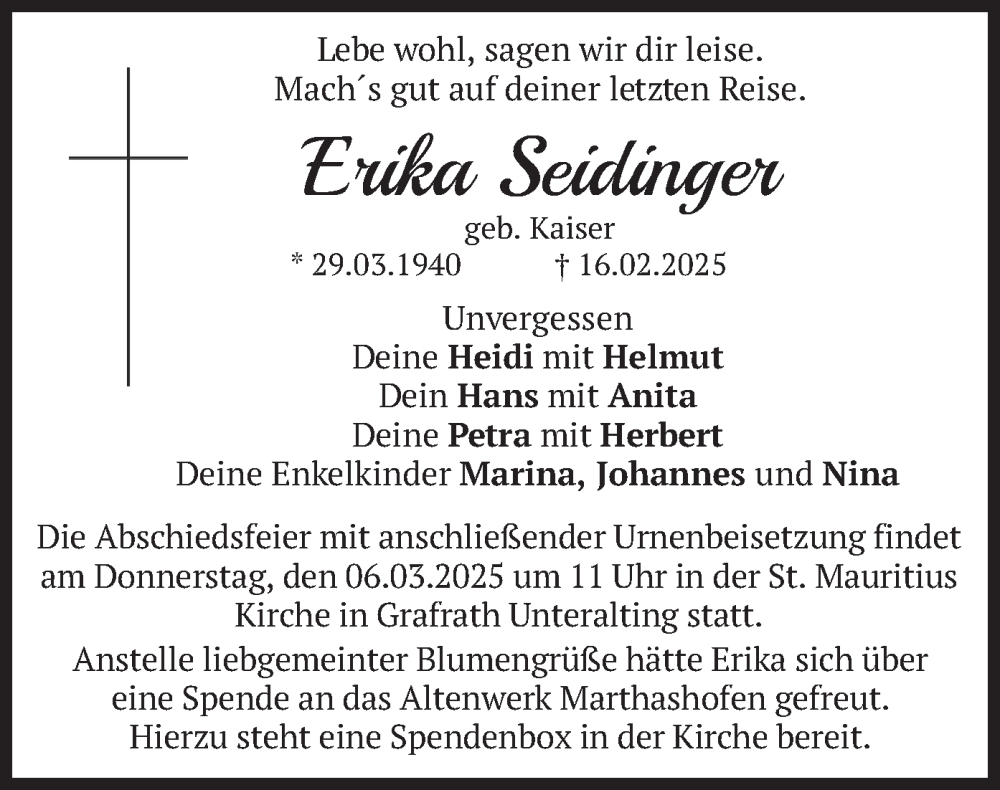  Traueranzeige für Erika Seidinger vom 01.03.2025 aus merkurtz