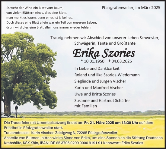 Traueranzeige von Erika Szories von merkurtz