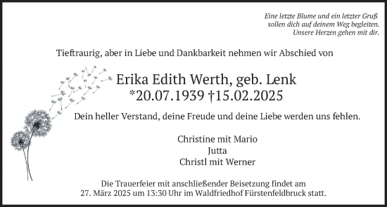 Traueranzeige von Erika Edith Werth von merkurtz