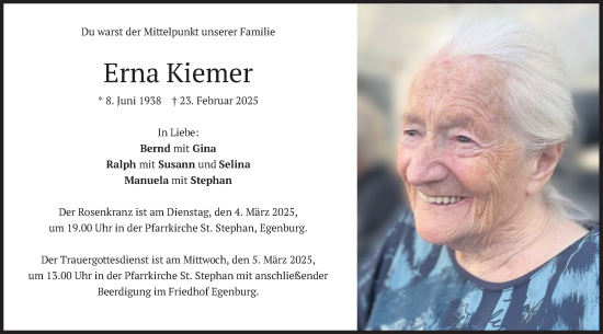 Traueranzeige von Erna Kiemer von merkurtz
