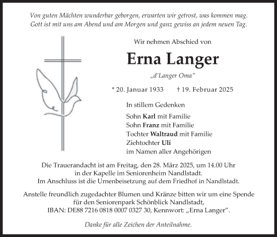 Traueranzeige von Erna Langer von merkurtz