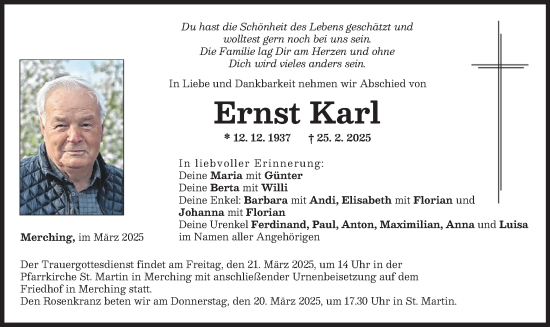 Traueranzeige von Ernst Karl von merkurtz
