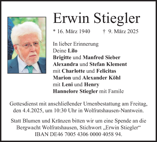 Traueranzeige von Erwin Stiegler von merkurtz