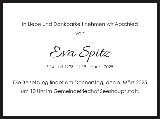 Traueranzeige von Eva Spitz von merkurtz