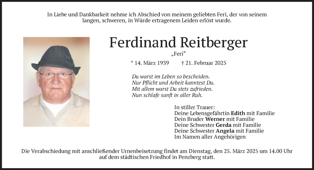  Traueranzeige für Ferdinand Reitberger vom 22.03.2025 aus Das Gelbe Blatt Penzberg