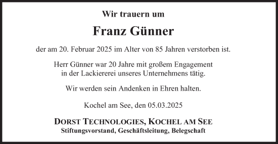 Traueranzeige von Franz Günner von merkurtz