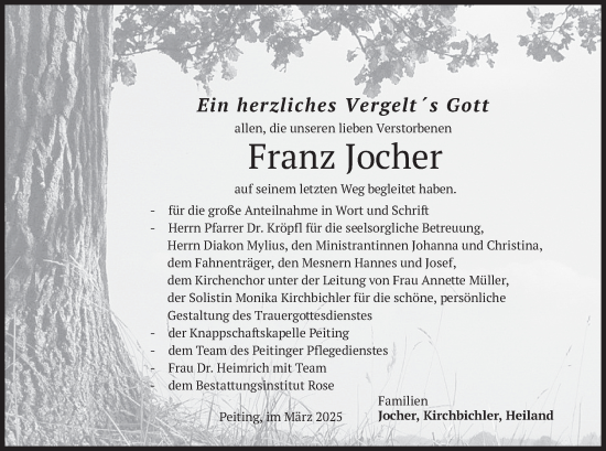 Traueranzeige von Franz Jocher von merkurtz