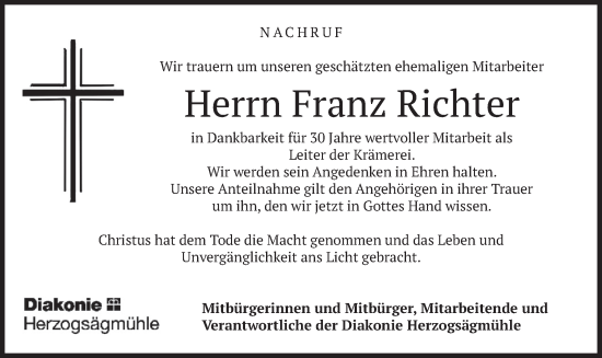 Traueranzeige von Franz Richter von merkurtz