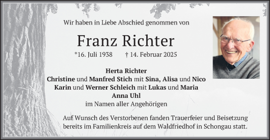 Traueranzeige von Franz Richter von merkurtz