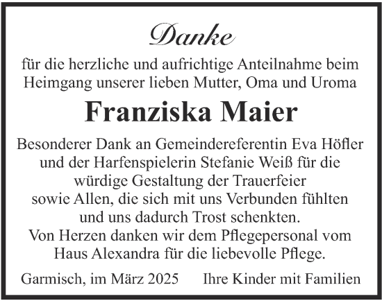 Traueranzeige von Franziska Maier von merkurtz