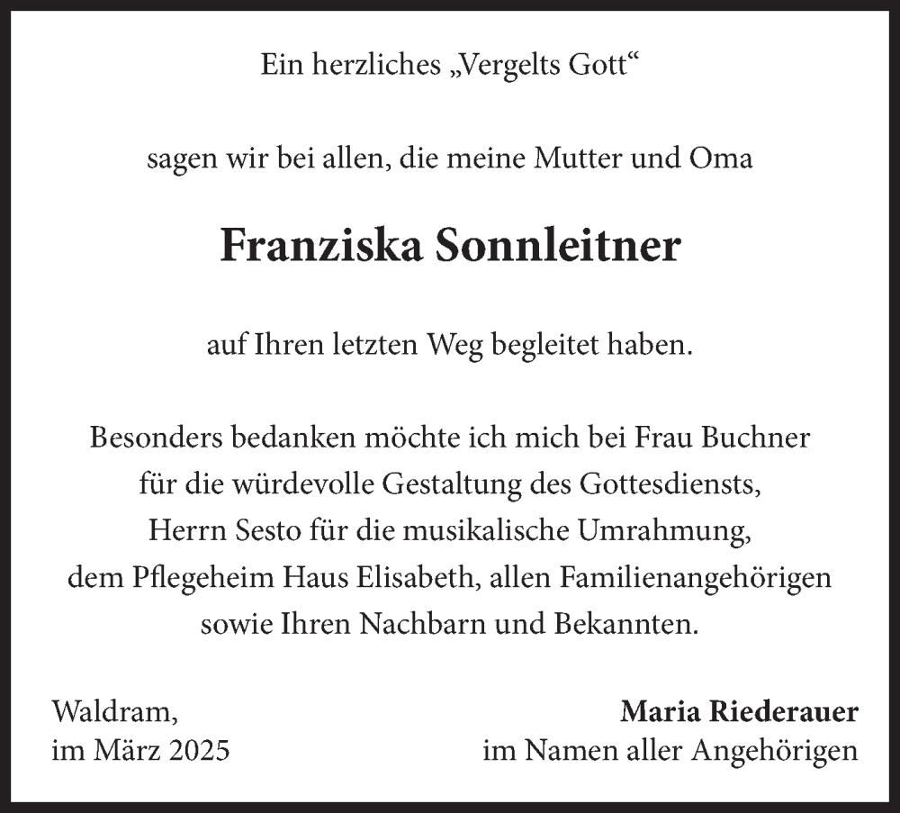  Traueranzeige für Franziska Sonnleitner vom 14.03.2025 aus merkurtz