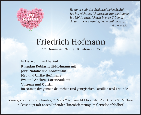 Traueranzeige von Friedrich Hofmann von merkurtz