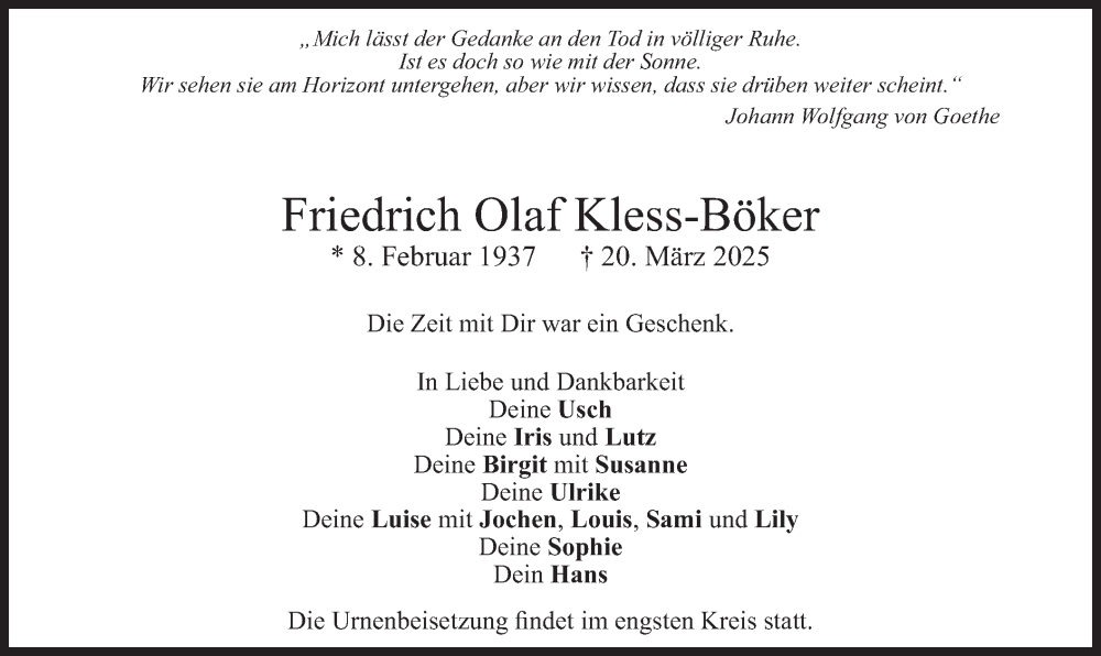  Traueranzeige für Friedrich Olaf Kless-Böker vom 29.03.2025 aus merkurtz
