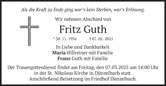 Traueranzeige von Fritz Guth von merkurtz