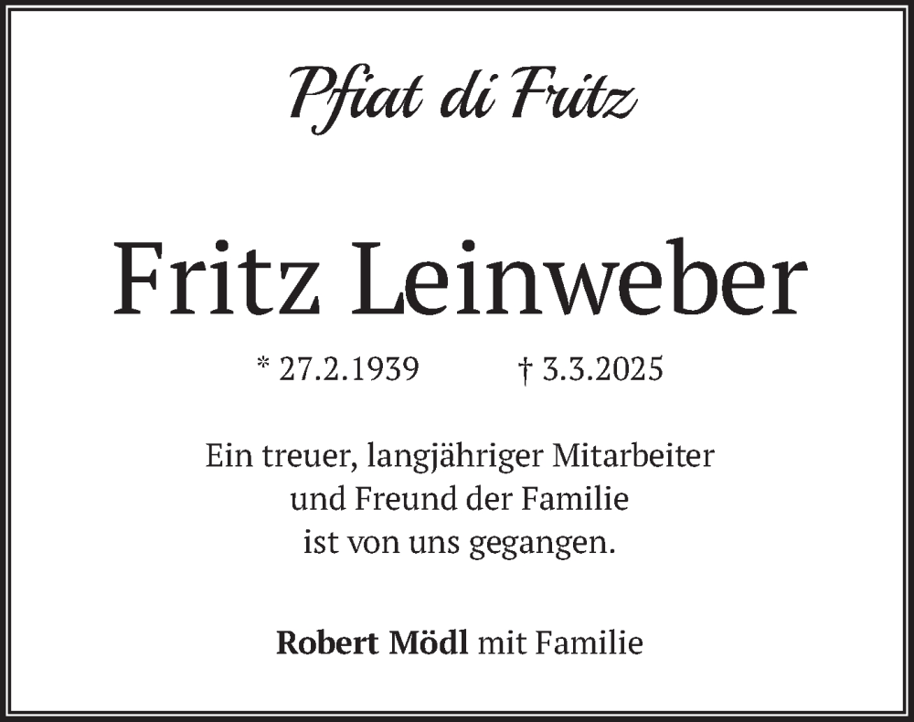  Traueranzeige für Fritz Leinweber vom 08.03.2025 aus merkurtz