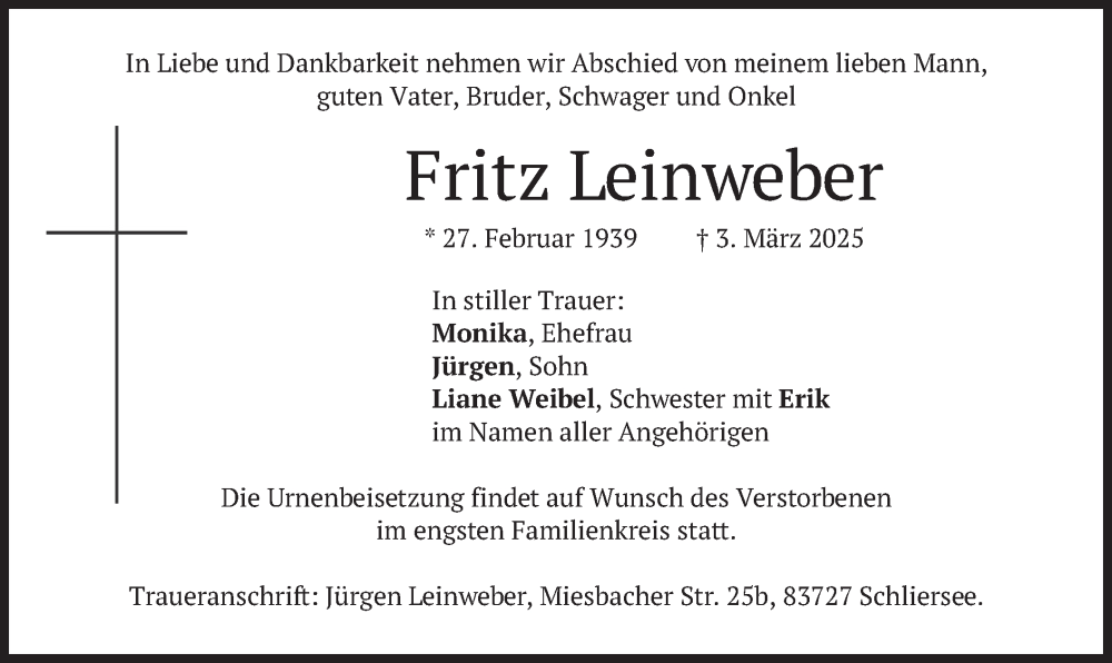  Traueranzeige für Fritz Leinweber vom 08.03.2025 aus merkurtz