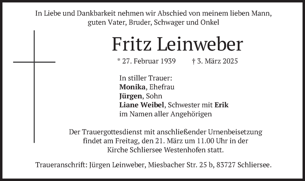  Traueranzeige für Fritz Leinweber vom 15.03.2025 aus merkurtz