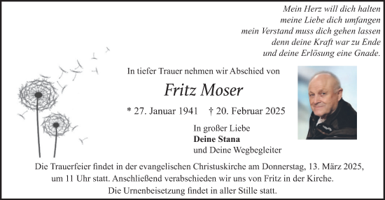 Traueranzeige von Fritz Moser von merkurtz