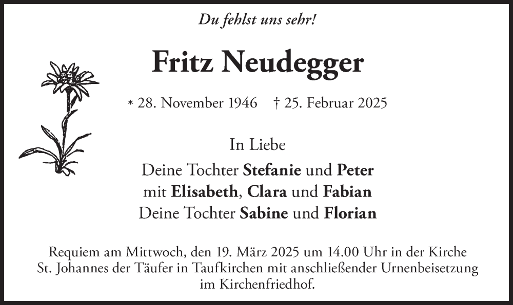  Traueranzeige für Fritz Neudegger vom 15.03.2025 aus merkurtz