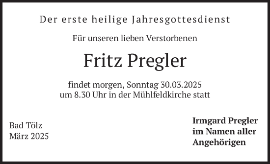 Traueranzeige von Fritz Pregler von merkurtz