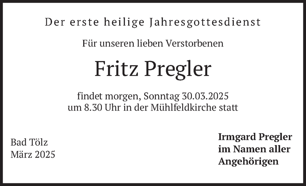  Traueranzeige für Fritz Pregler vom 29.03.2025 aus merkurtz