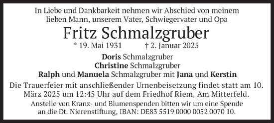 Traueranzeige von Fritz Schmalzgruber von merkurtz