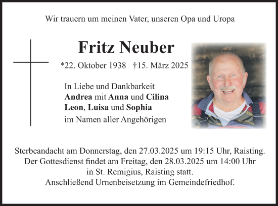 Traueranzeige von Fritz Neuber Neuber von merkurtz