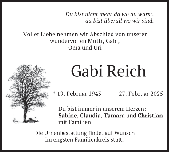 Traueranzeige von Gabi Reich von merkurtz