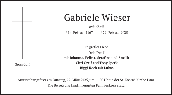 Traueranzeige von Gabriele Wieser von merkurtz
