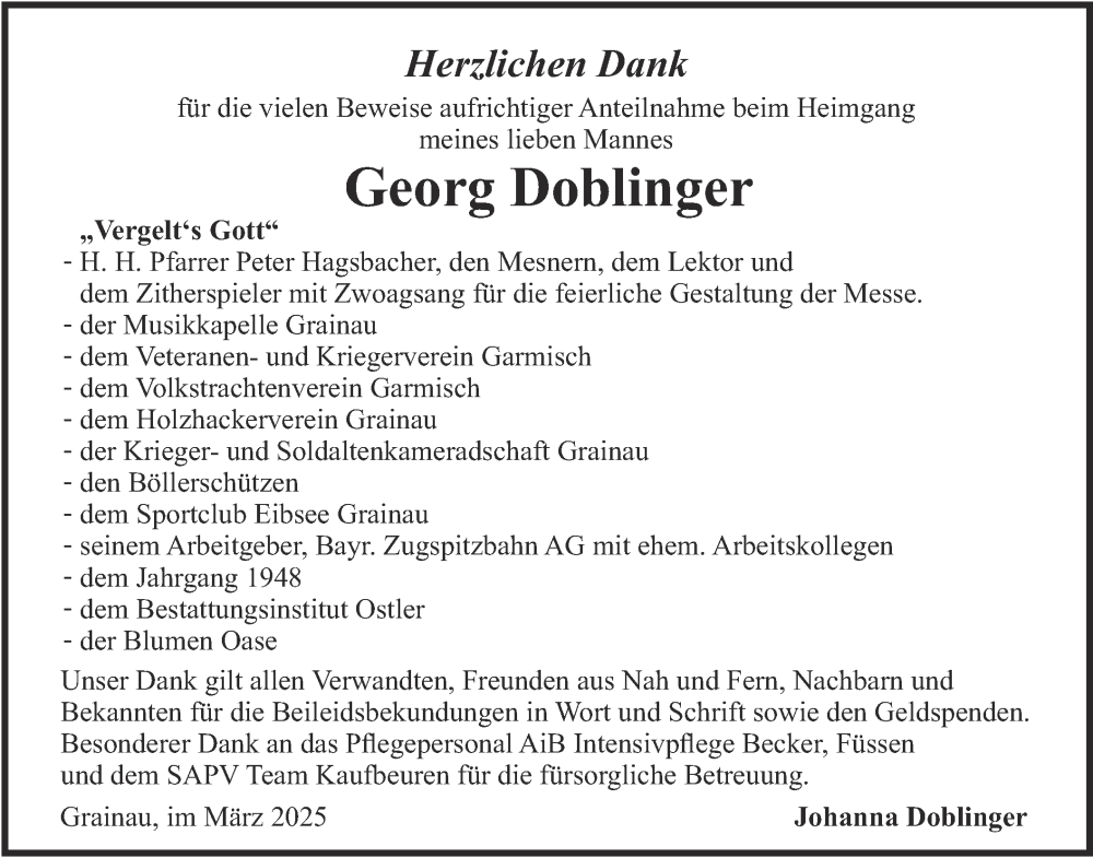  Traueranzeige für Georg Doblinger vom 01.03.2025 aus merkurtz