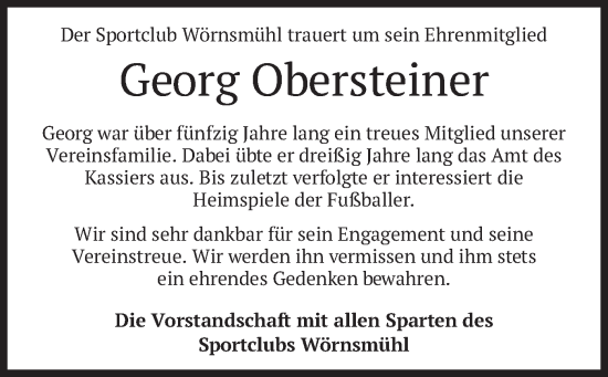 Traueranzeige von Georg Obersteiner von merkurtz