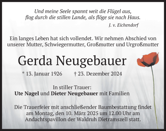 Traueranzeige von Gerda Neugebauer von merkurtz