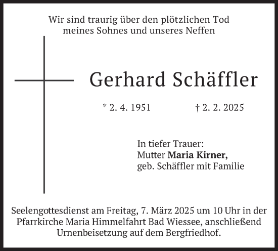 Traueranzeige von Gerhard Schäffler von merkurtz